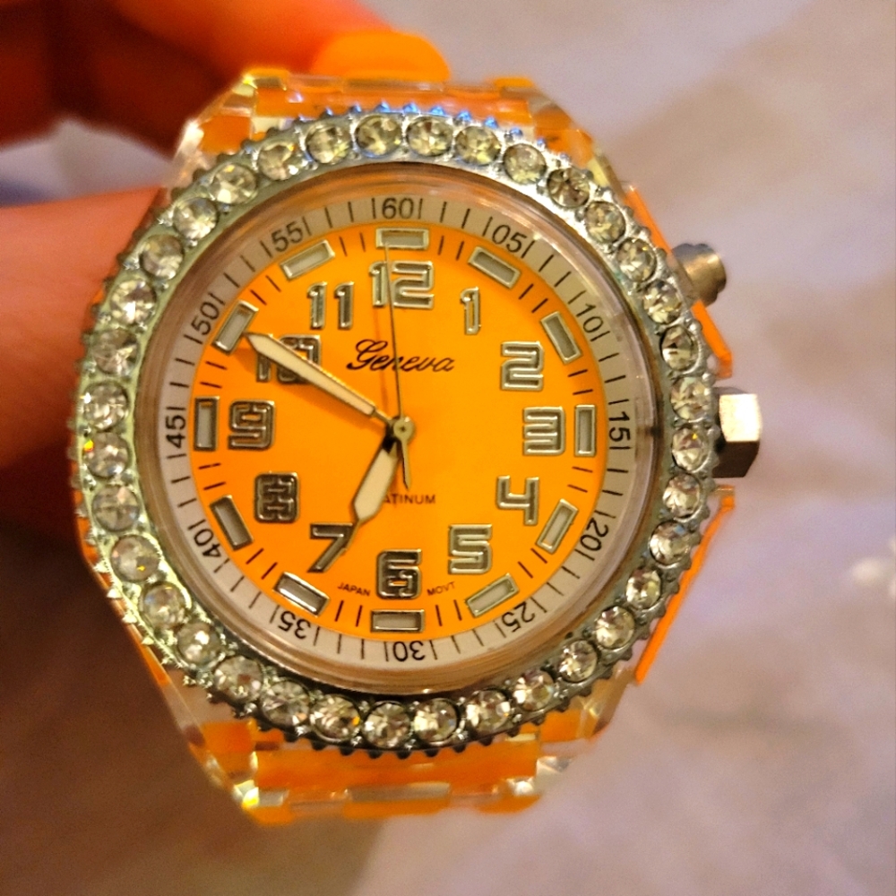 Geneva Women's Platinum Watch With Orange Silicone Band - Picture 2 of 5